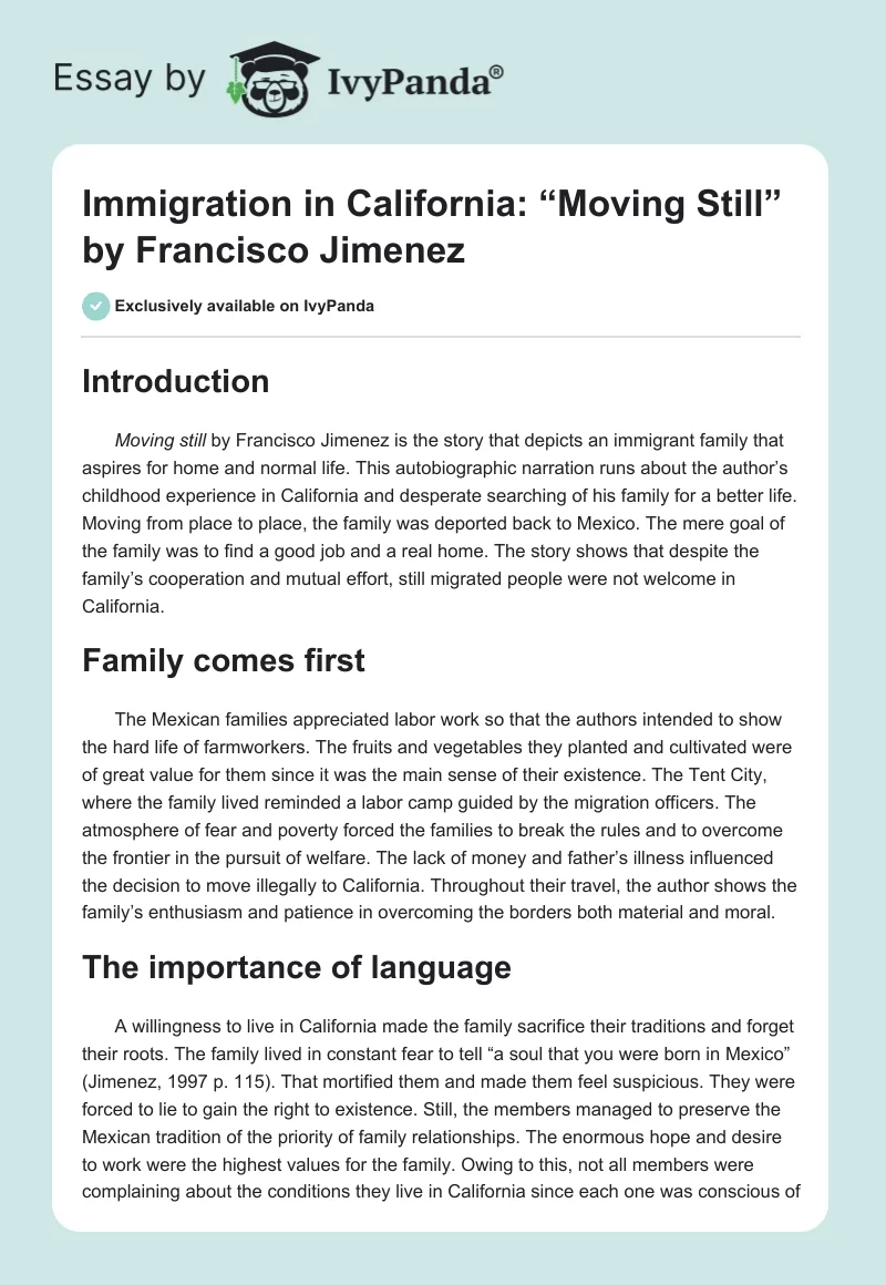 Immigration in California: “Moving Still” by Francisco Jimenez. Page 1