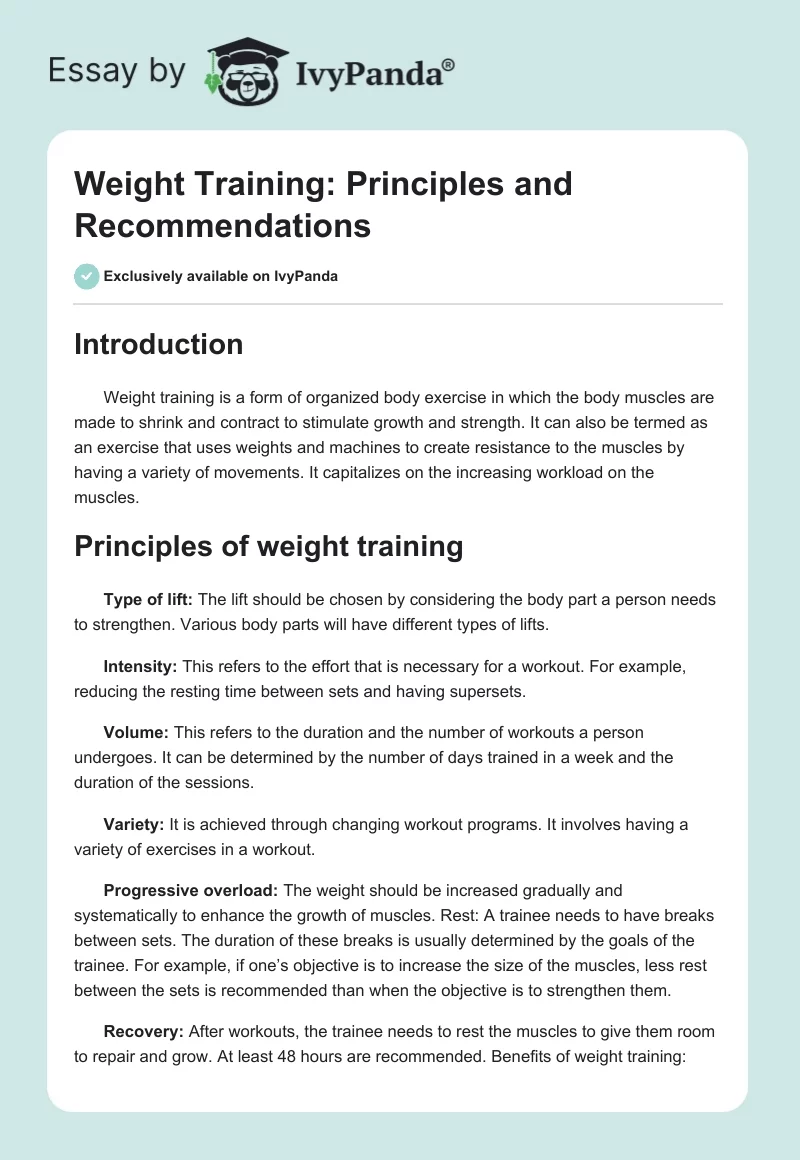 Weight Training: Principles and Recommendations. Page 1