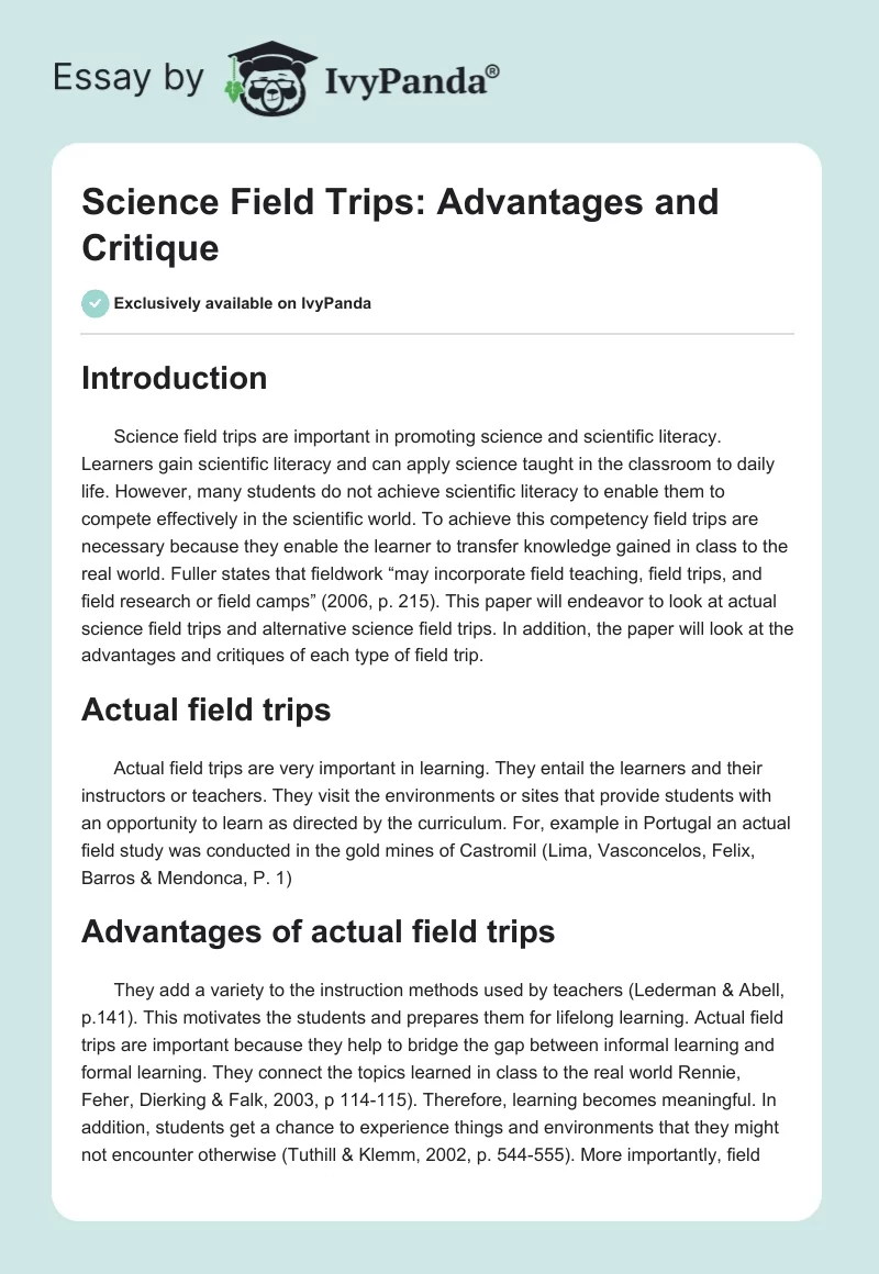 Science Field Trips: Advantages and Critique. Page 1