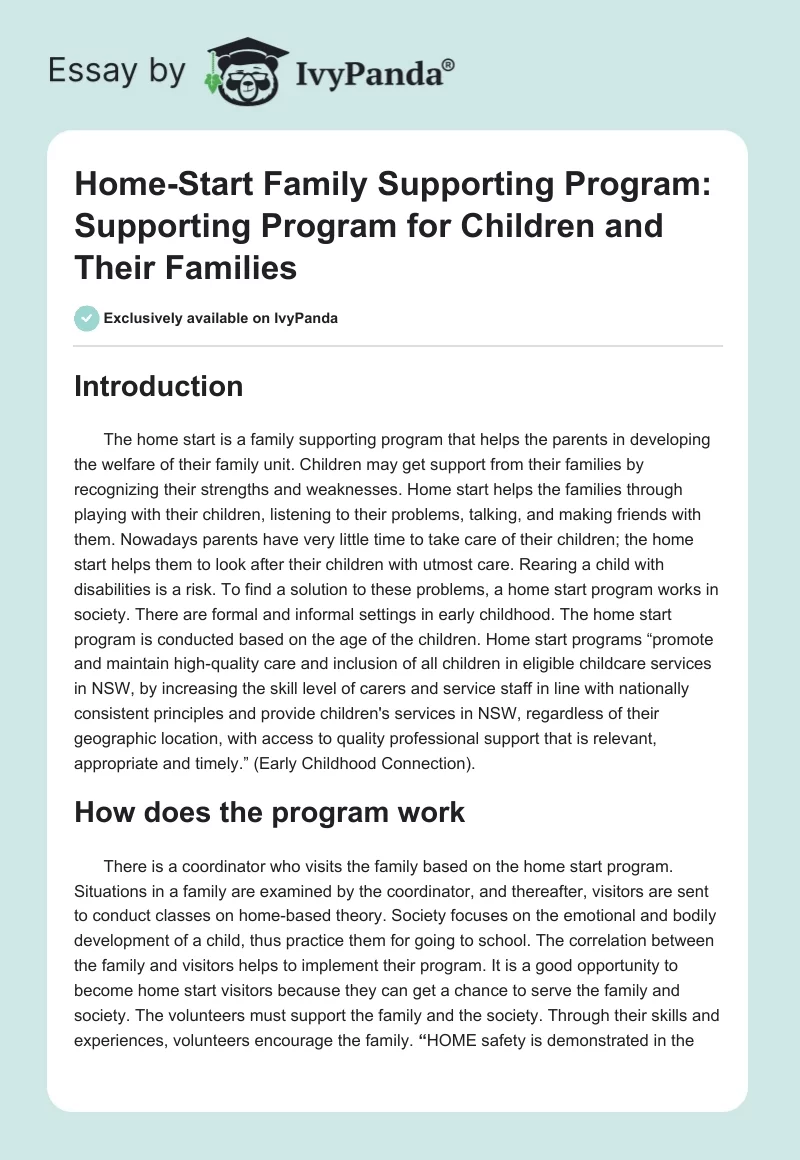 Home-Start Family Supporting Program: Supporting Program for Children and Their Families. Page 1