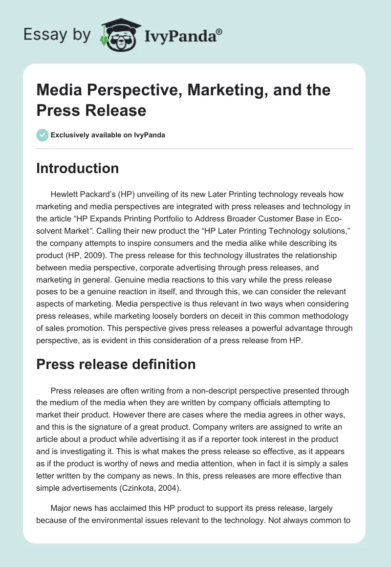 Media Perspective, Marketing, and the Press Release. Page 1