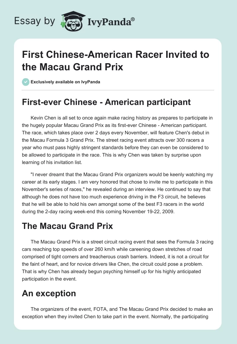 First Chinese-American Racer Invited to the Macau Grand Prix. Page 1