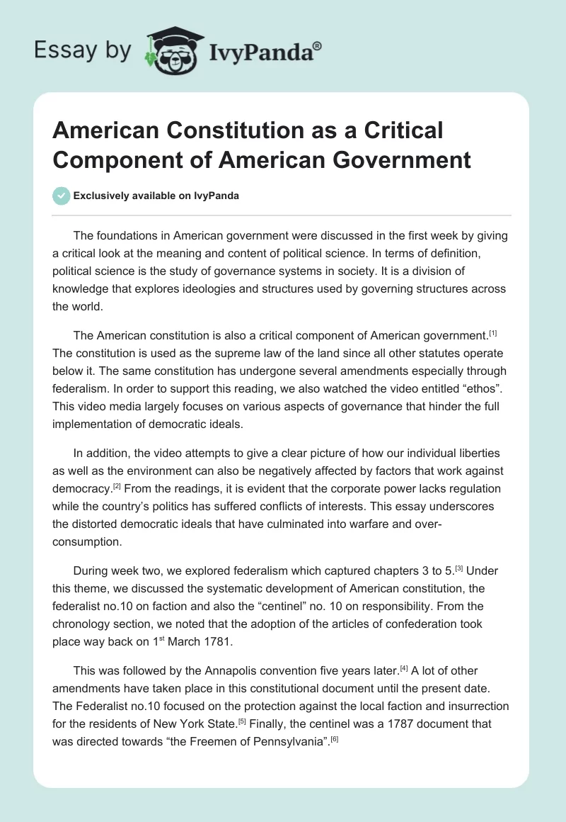 American Constitution as a Critical Component of American Government. Page 1