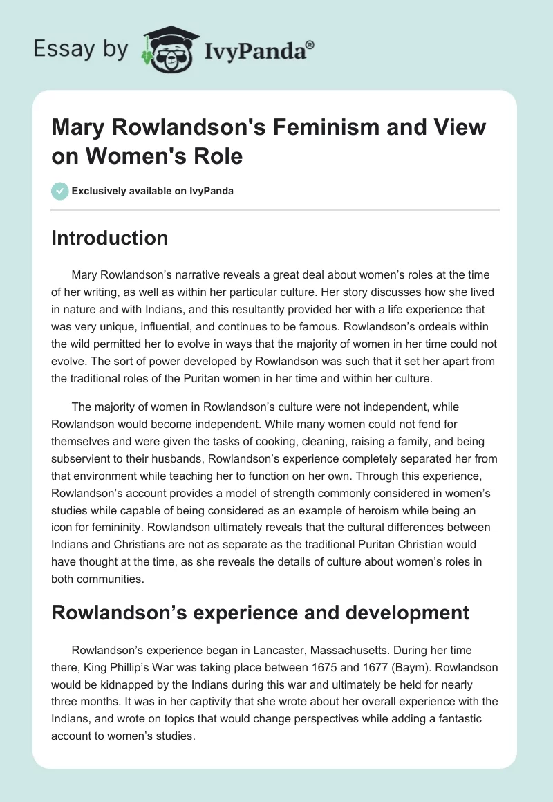 Mary Rowlandson's Feminism and View on Women's Role. Page 1