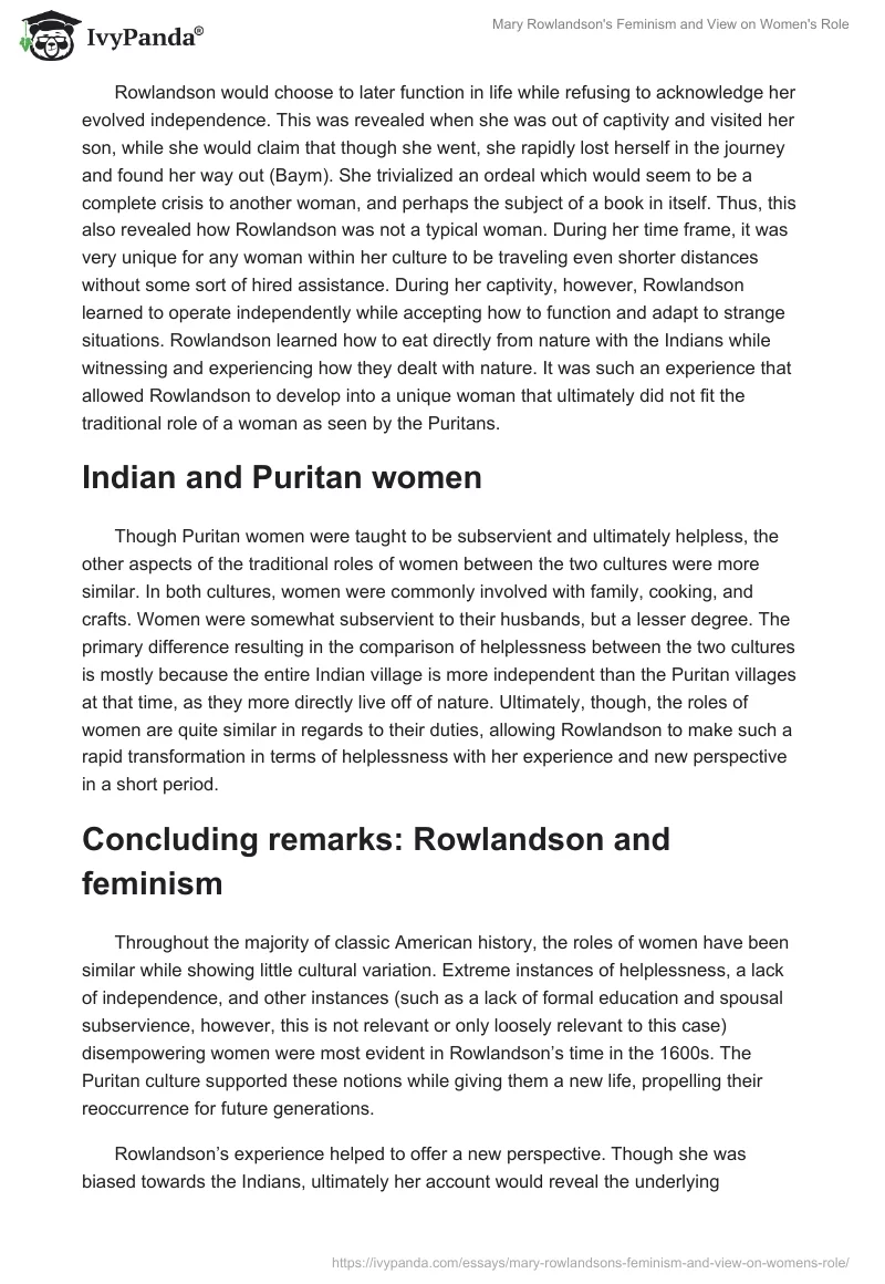 Mary Rowlandson's Feminism and View on Women's Role. Page 2