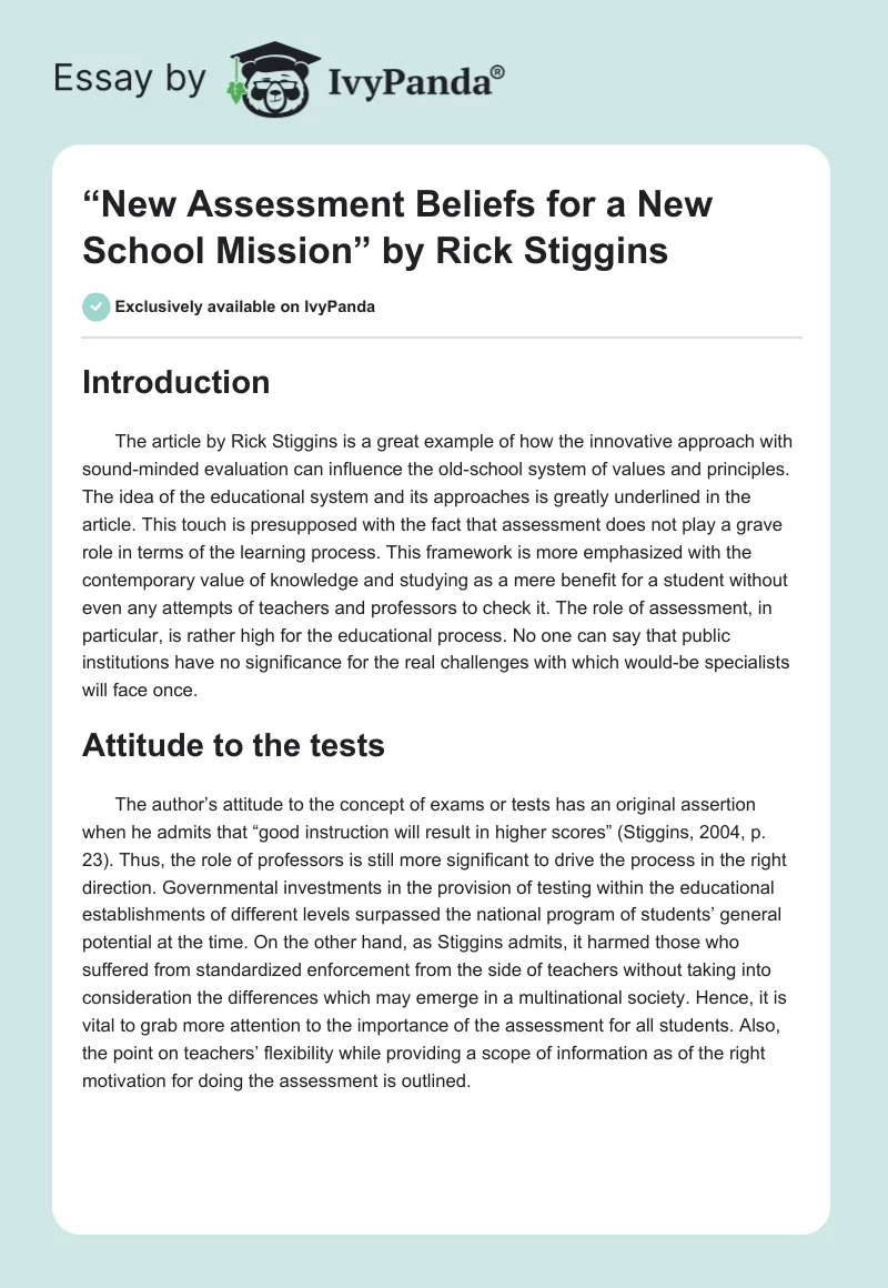 “New Assessment Beliefs for a New School Mission” by Rick Stiggins. Page 1
