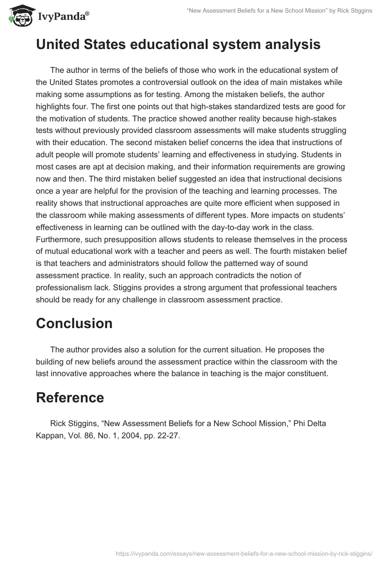 “New Assessment Beliefs for a New School Mission” by Rick Stiggins. Page 2