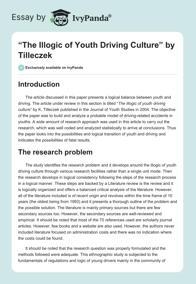 “The Illogic of Youth Driving Culture” by Tilleczek. Page 1