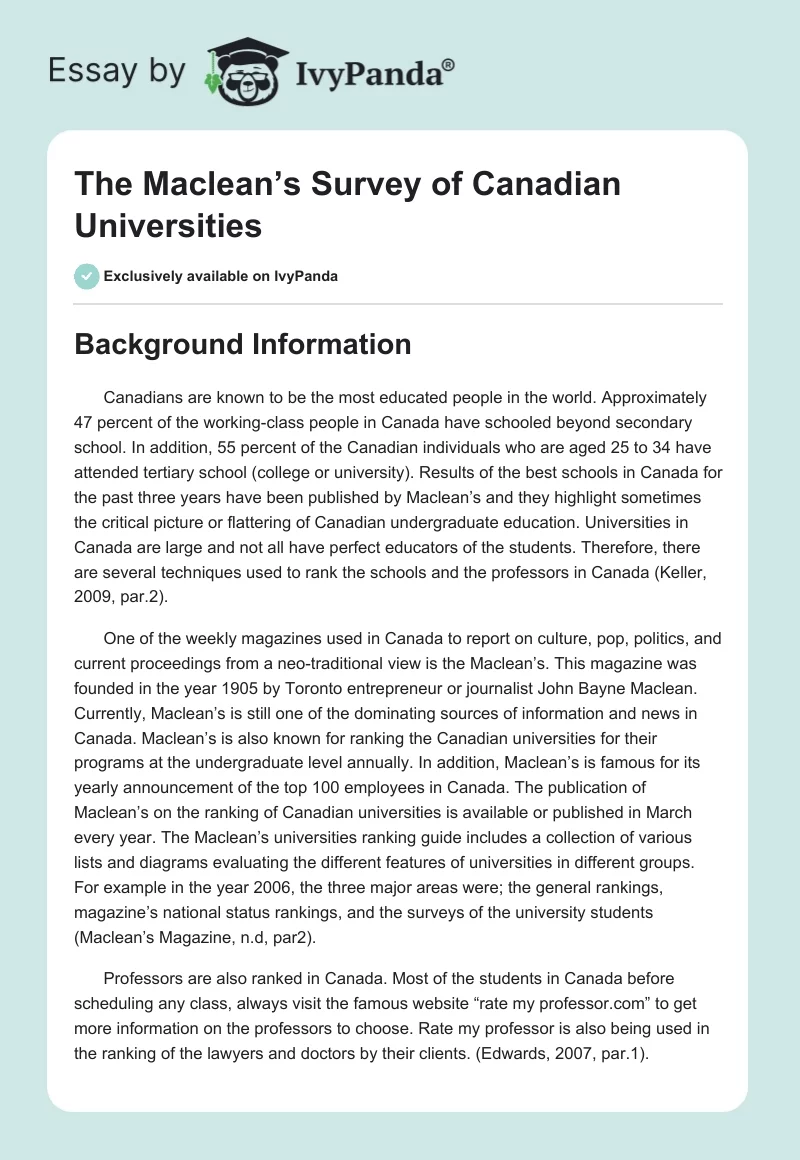 The Maclean’s Survey of Canadian Universities. Page 1