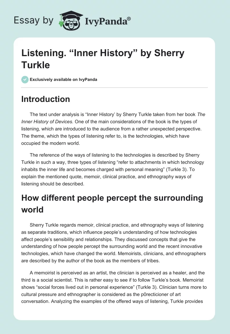 Listening. “Inner History” by Sherry Turkle. Page 1