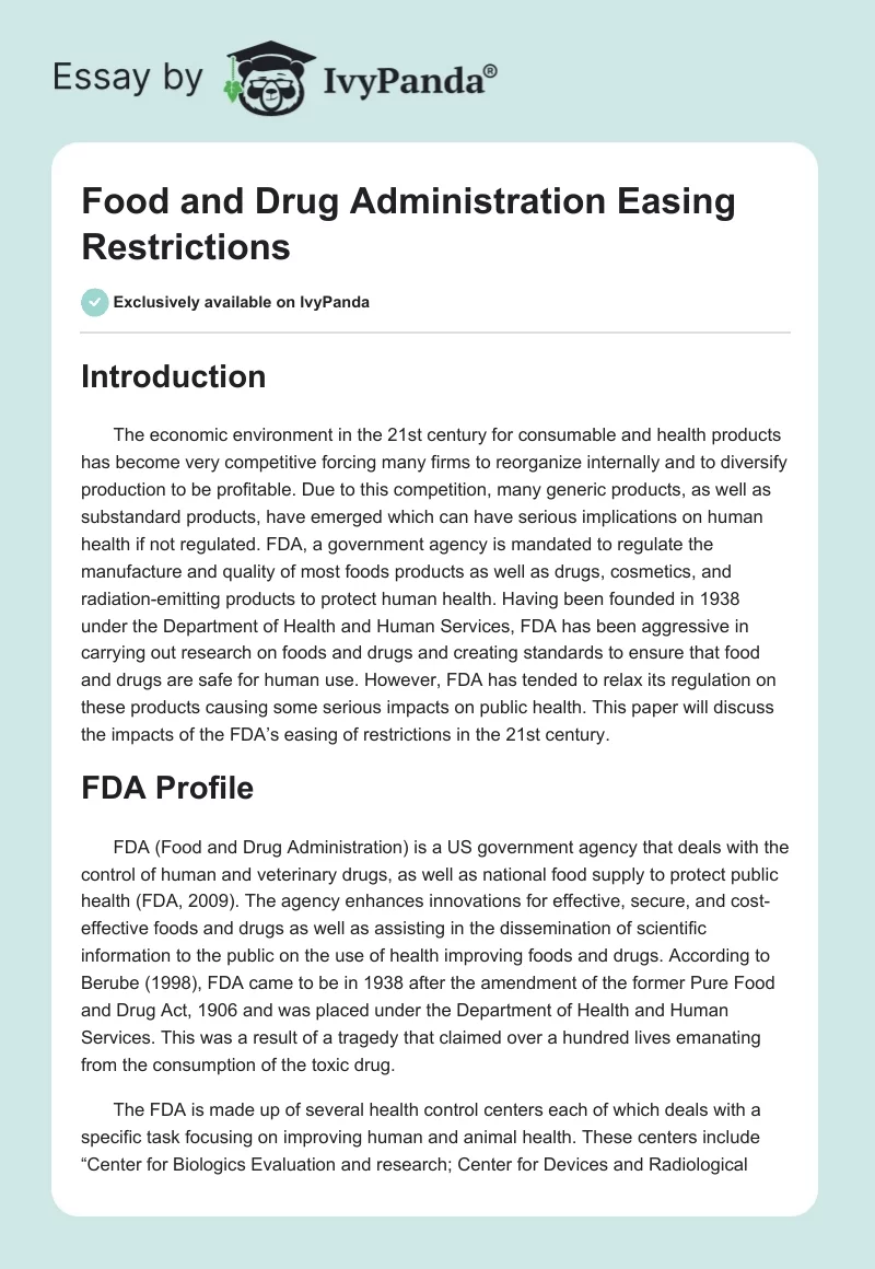 Food and Drug Administration Easing Restrictions. Page 1