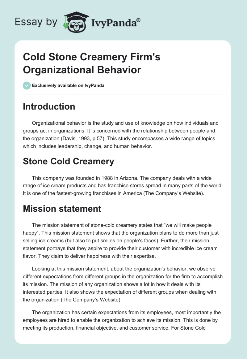 Cold Stone Creamery Firm's Organizational Behavior. Page 1