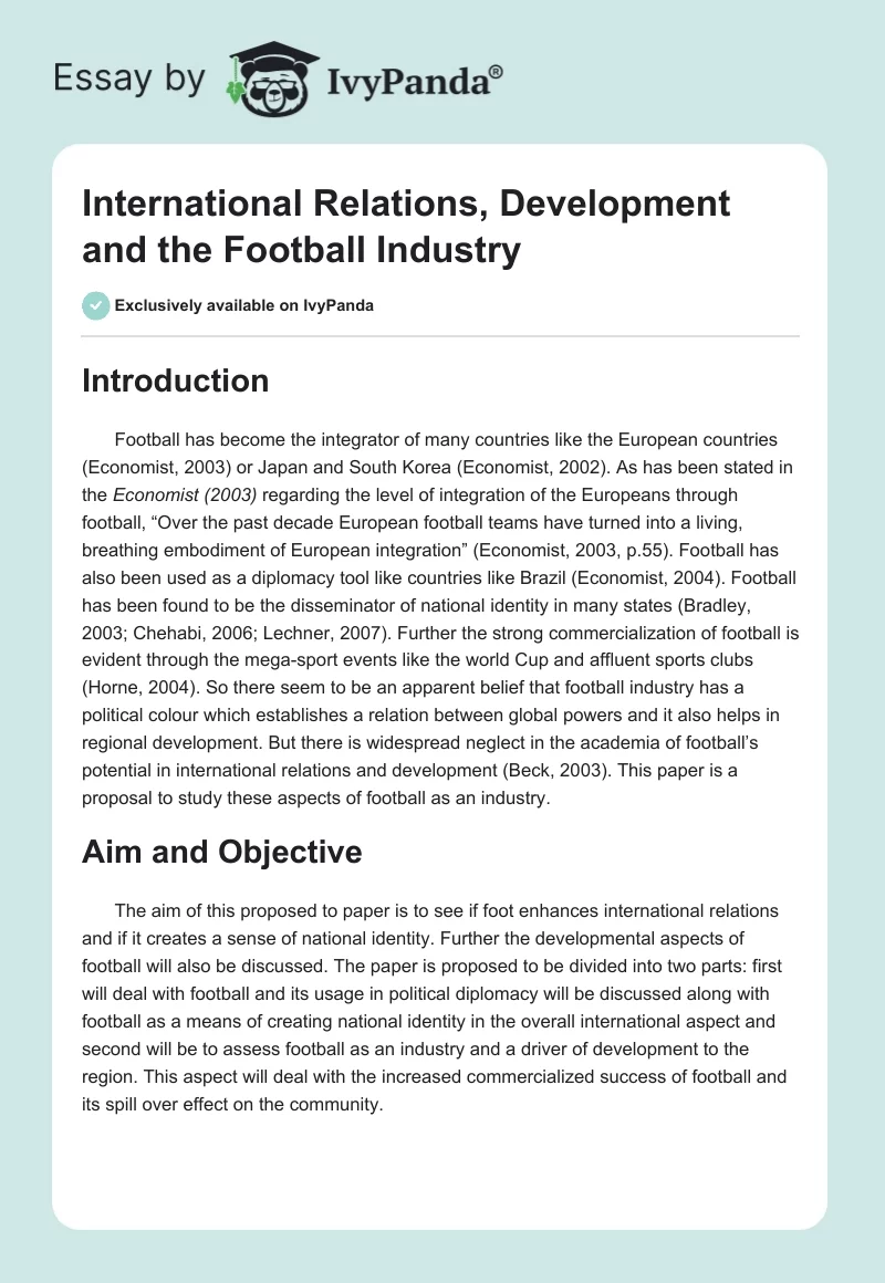 International Relations, Development and the Football Industry. Page 1