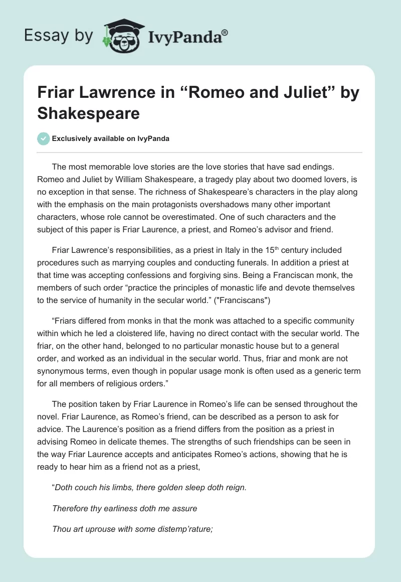 Friar Lawrence in “Romeo and Juliet” by Shakespeare. Page 1