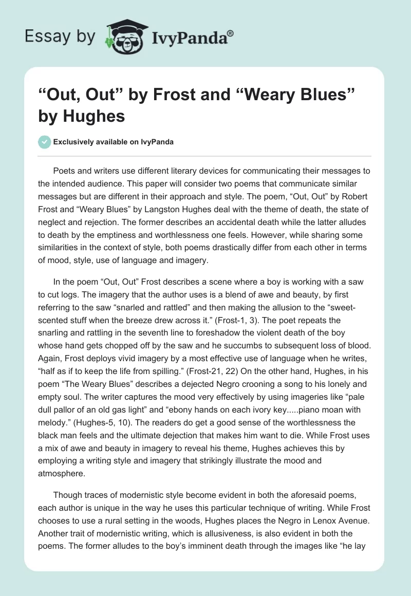“Out, Out” by Frost and “Weary Blues” by Hughes. Page 1