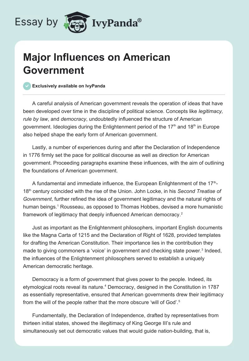 Major Influences on American Government. Page 1