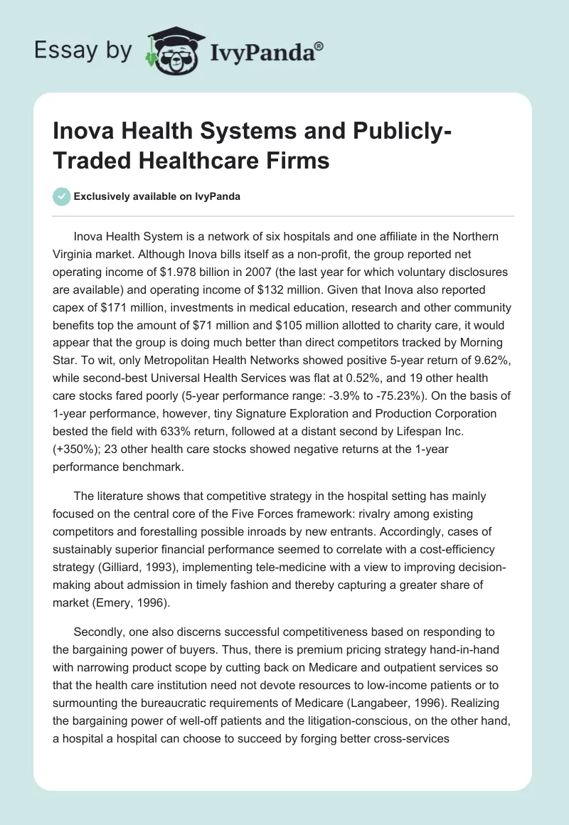 Inova Health Systems and Publicly-Traded Healthcare Firms. Page 1