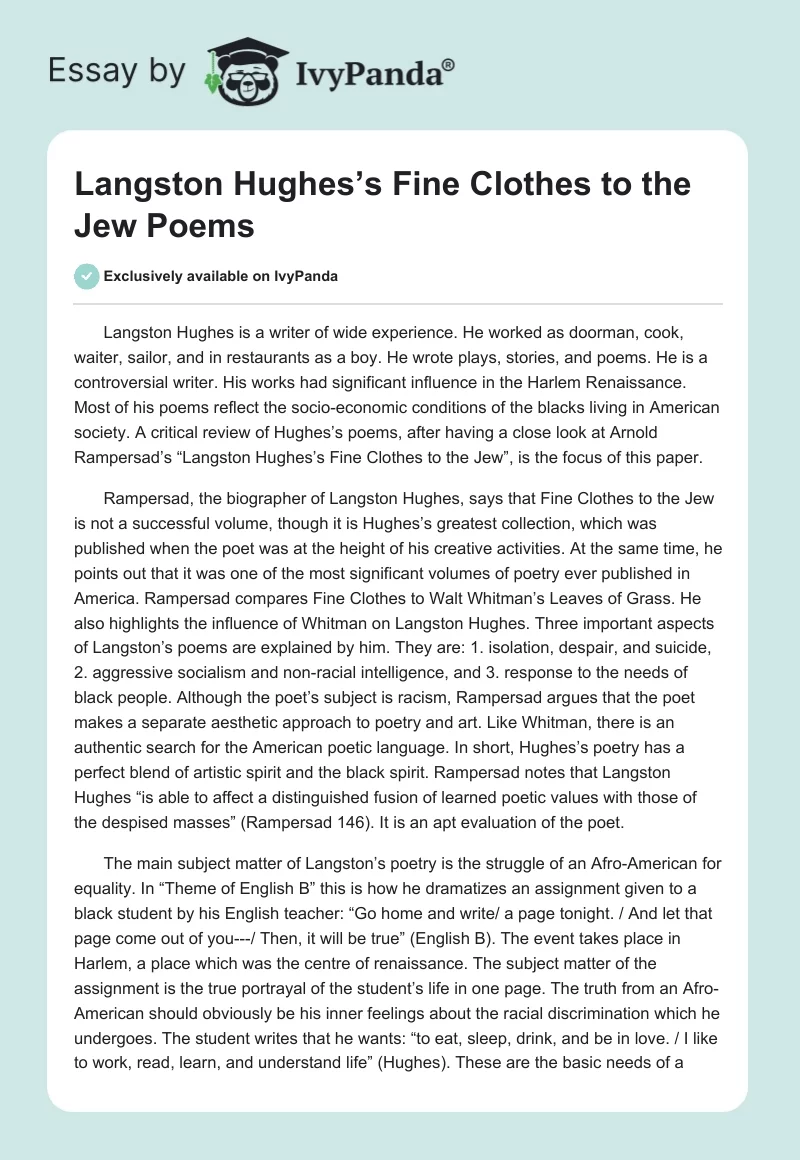 Langston Hughes’s Fine Clothes to the Jew Poems. Page 1