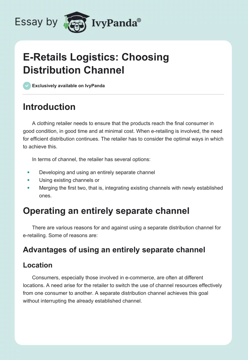 E-Retails Logistics: Choosing Distribution Channel. Page 1