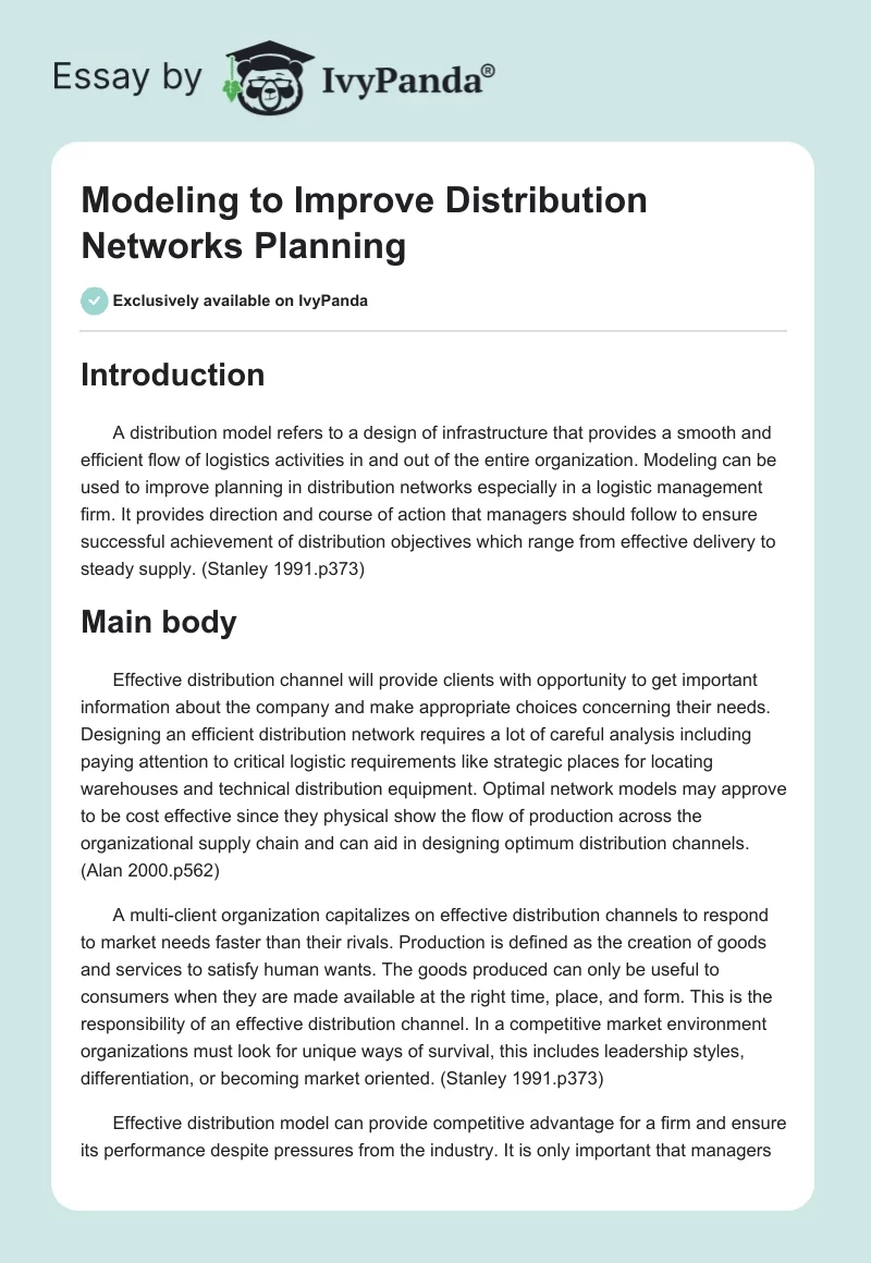 Modeling to Improve Distribution Networks Planning. Page 1