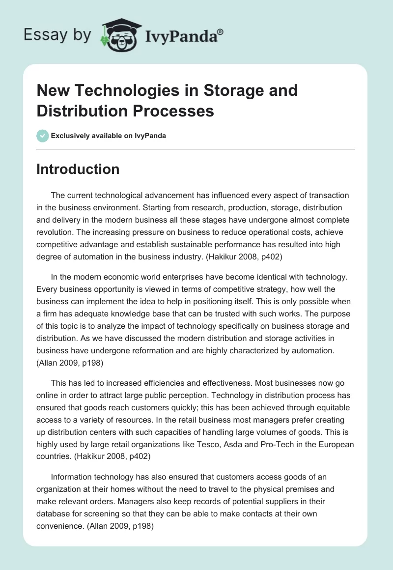 New Technologies in Storage and Distribution Processes. Page 1