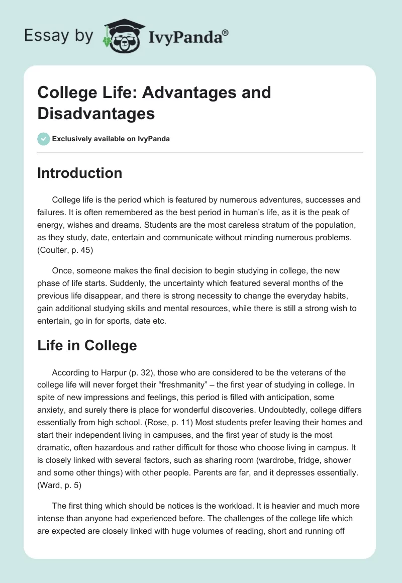 College Life: Advantages and Disadvantages. Page 1