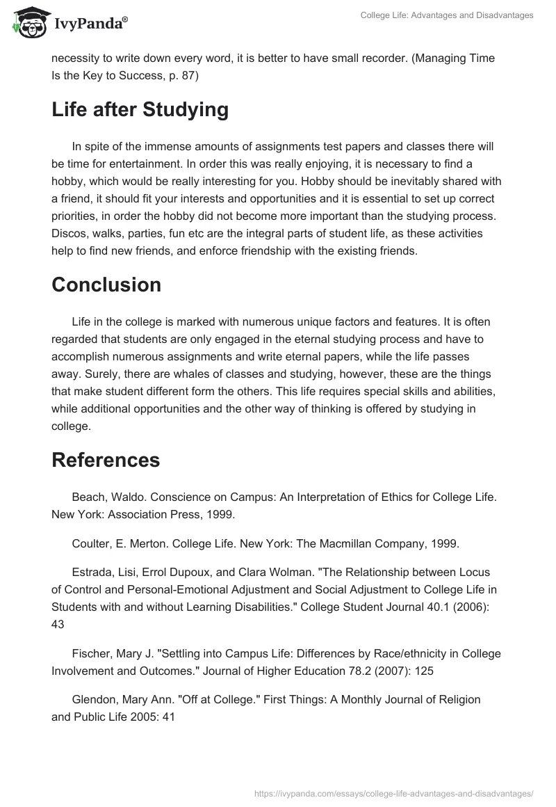 College Life: Advantages and Disadvantages. Page 4