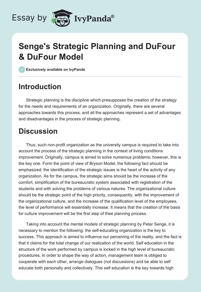 Senge's Strategic Planning and DuFour & DuFour Model. Page 1