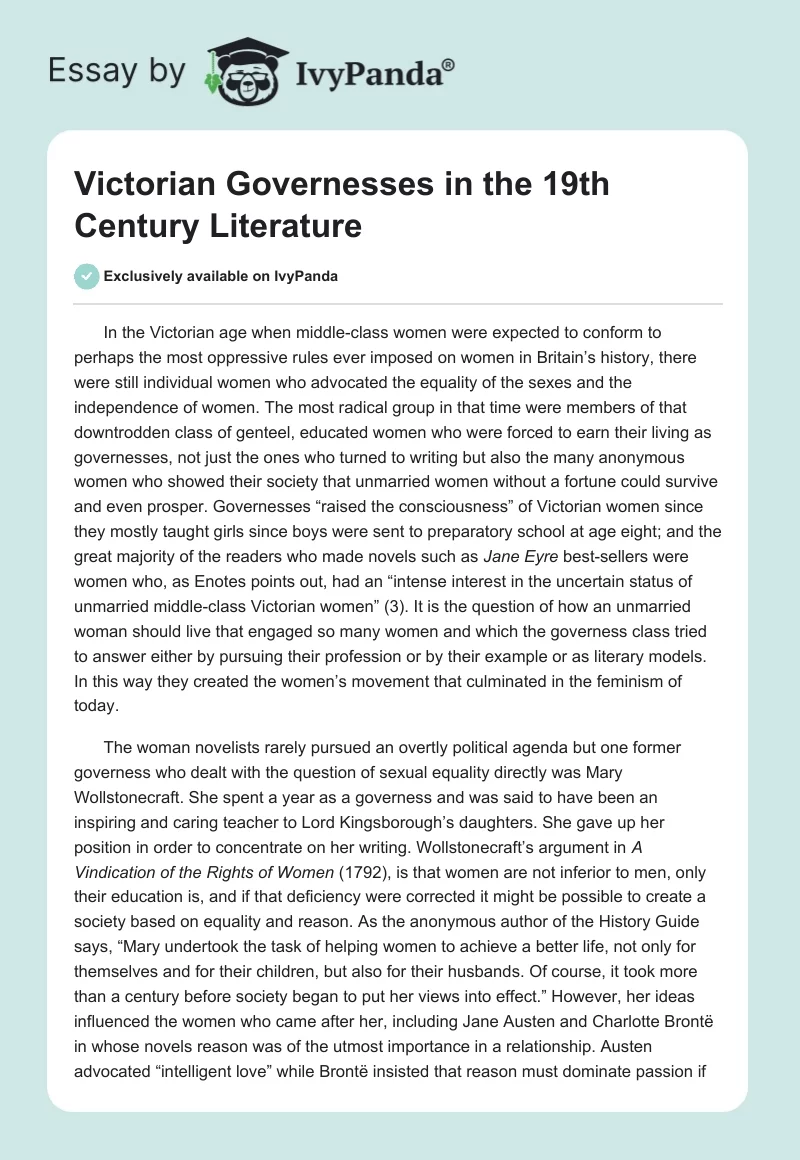 Victorian Governesses in the 19th Century Literature. Page 1