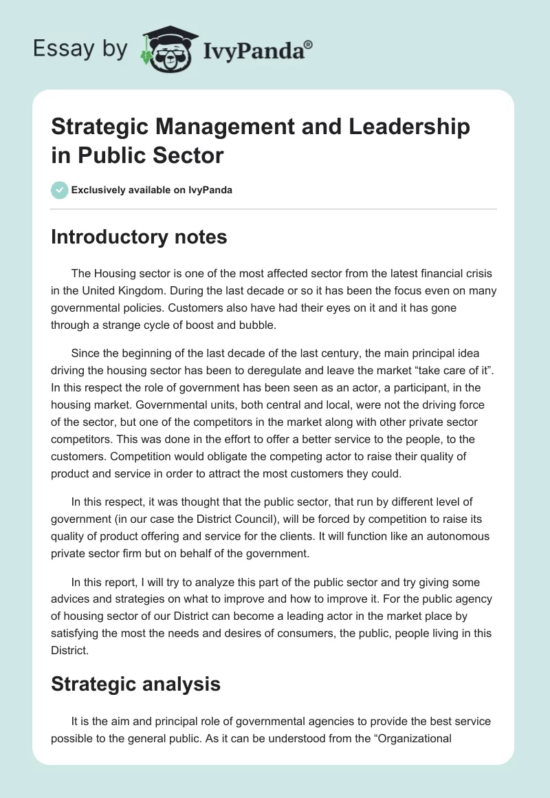 Strategic Management and Leadership in Public Sector. Page 1