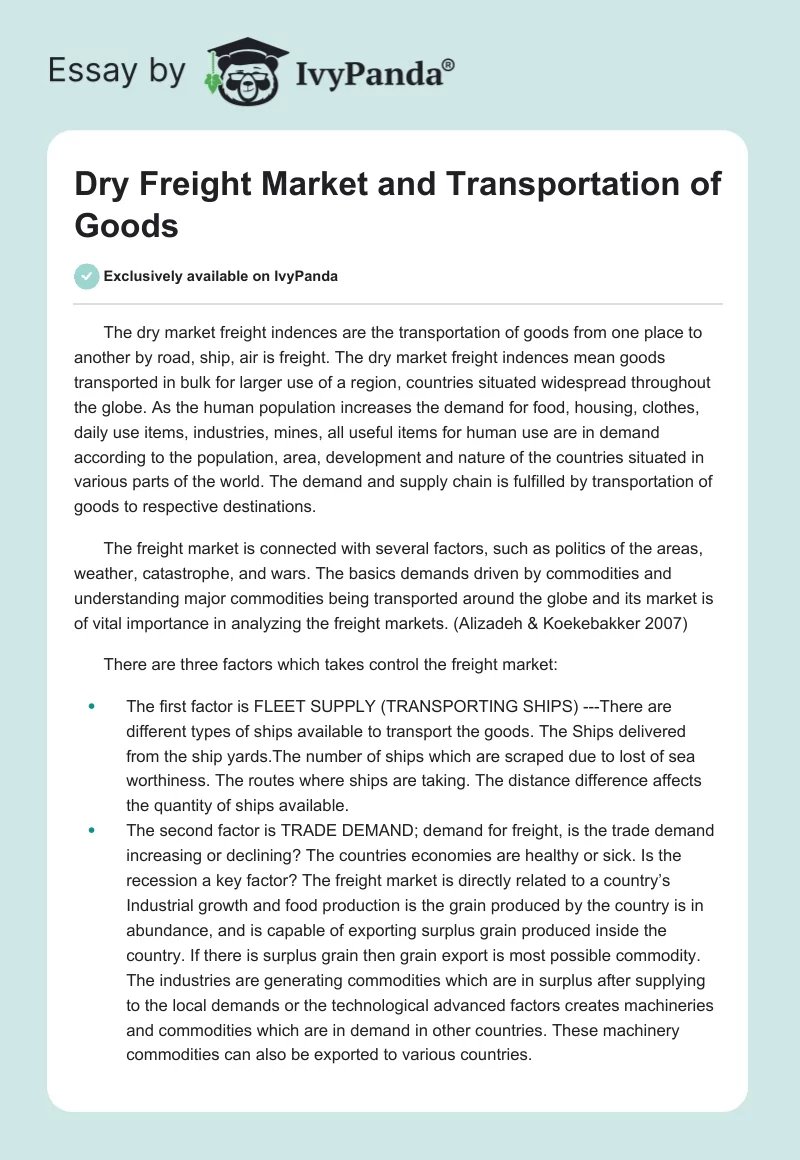 Dry Freight Market and Transportation of Goods. Page 1