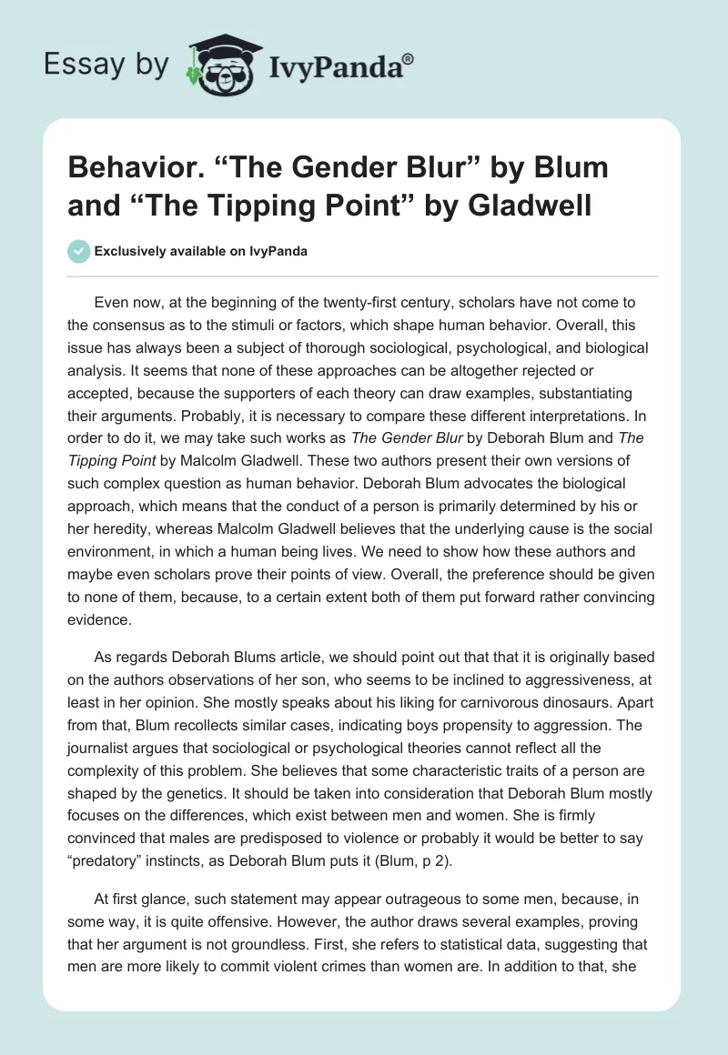 Behavior. “The Gender Blur” by Blum and “The Tipping Point” by Gladwell. Page 1