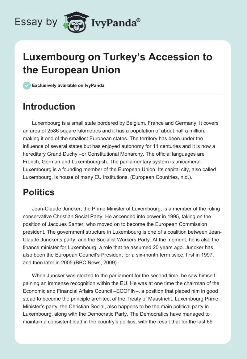 Luxembourg on Turkey’s Accession to the European Union. Page 1