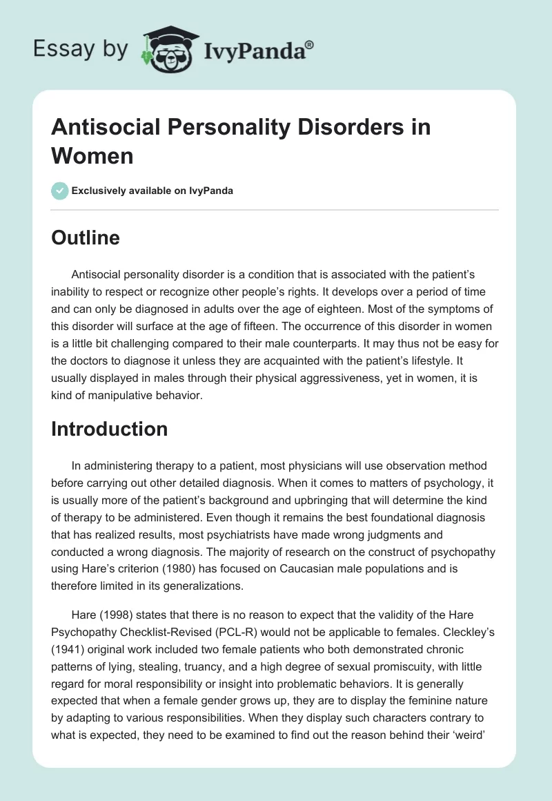 Antisocial Personality Disorders in Women. Page 1