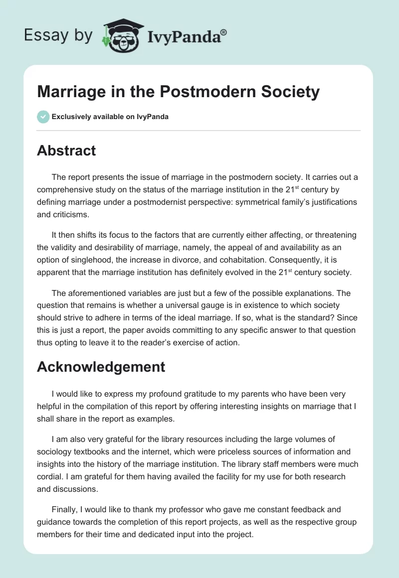 Marriage in the Postmodern Society. Page 1