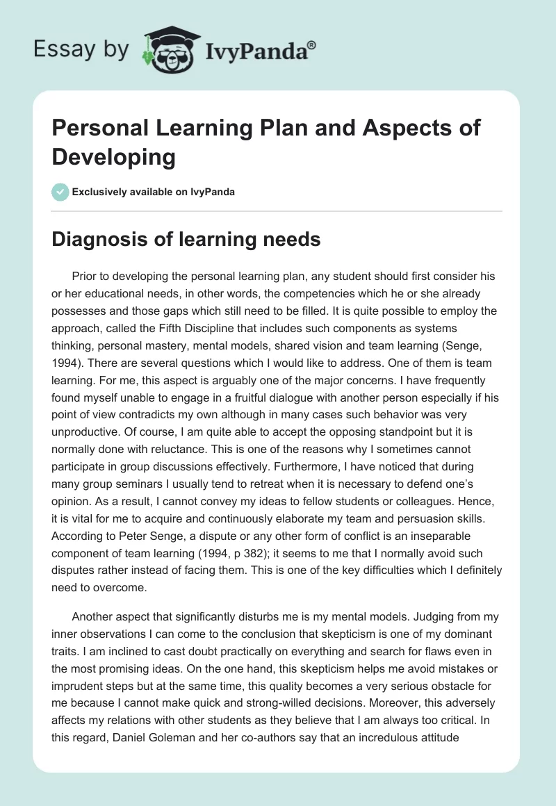 Personal Learning Plan and Aspects of Developing. Page 1