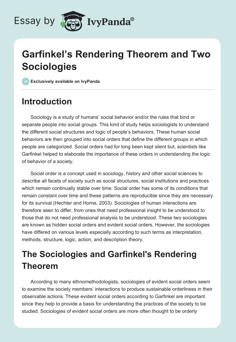 Garfinkel’s Rendering Theorem and Two Sociologies. Page 1