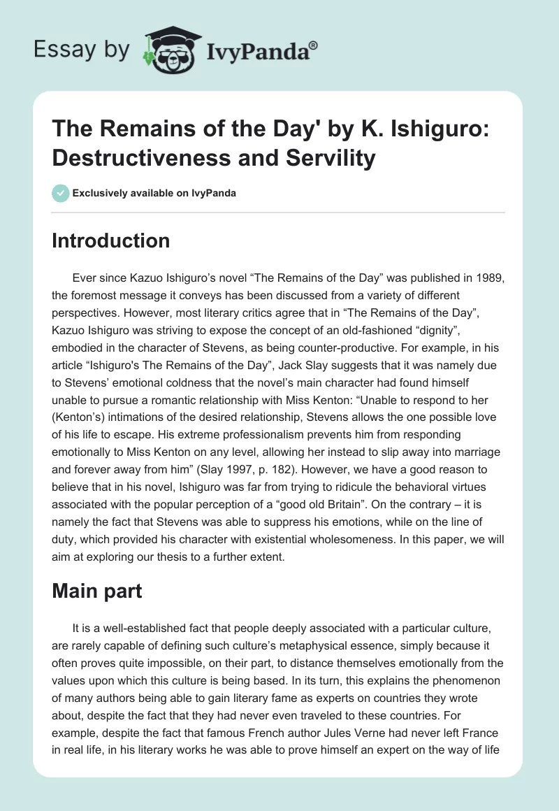 The Remains of the Day' by K. Ishiguro: Destructiveness and Servility. Page 1