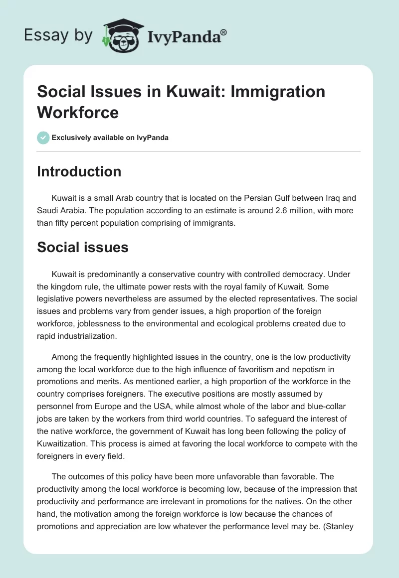 Social Issues in Kuwait: Immigration Workforce. Page 1