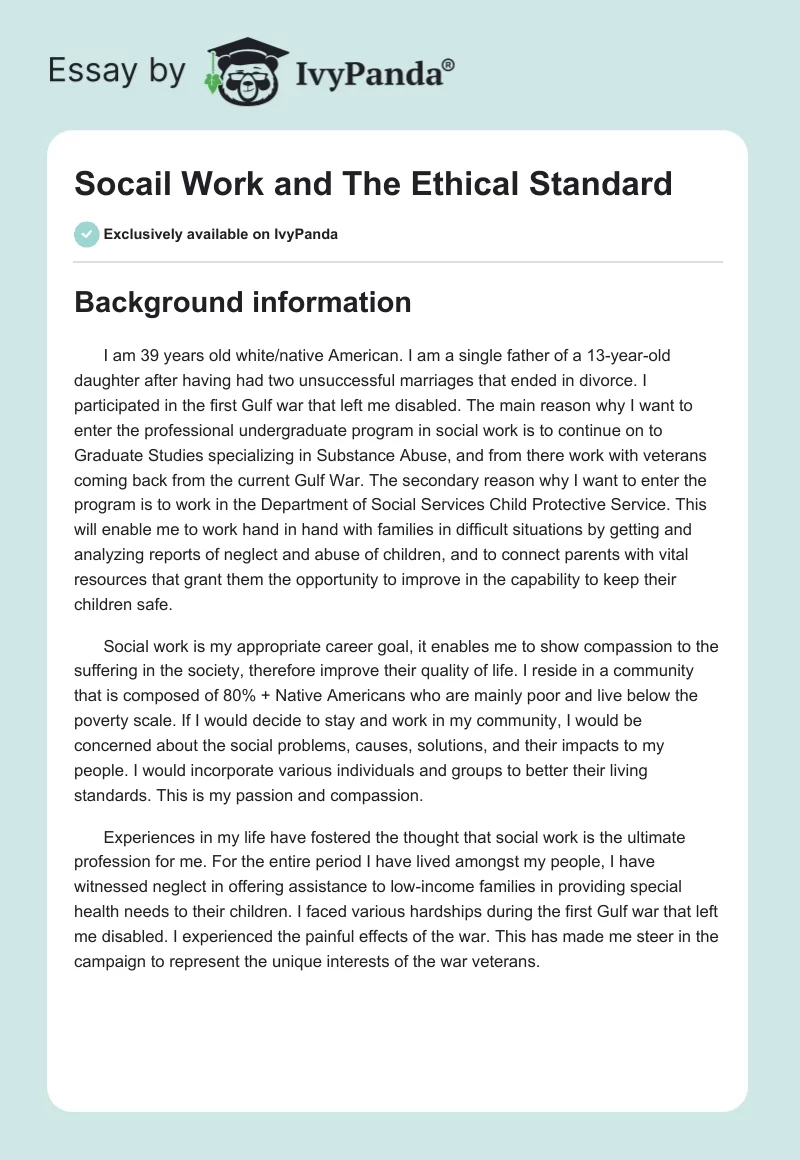 Socail Work and The Ethical Standard. Page 1