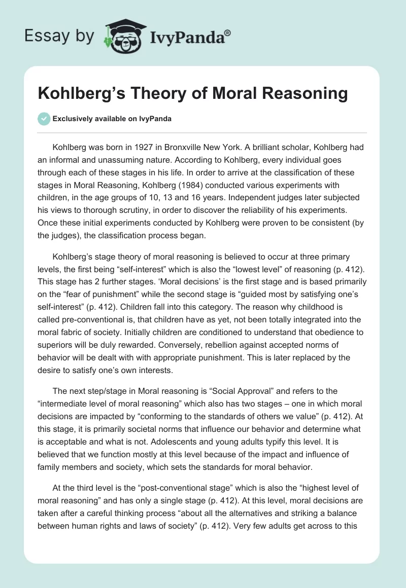 Kohlberg’s Theory of Moral Reasoning. Page 1