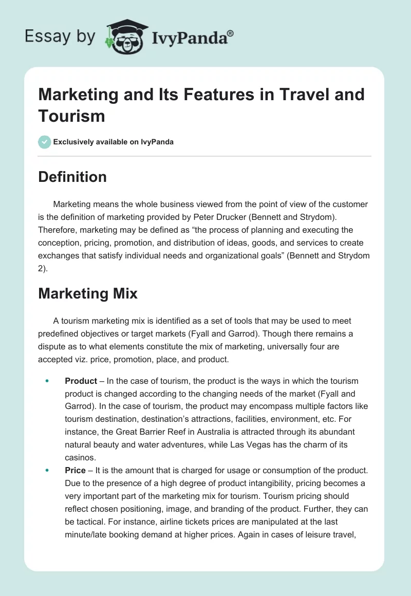 Marketing and Its Features in Travel and Tourism. Page 1