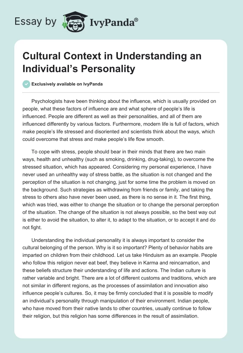 Cultural Context in Understanding an Individual’s Personality. Page 1