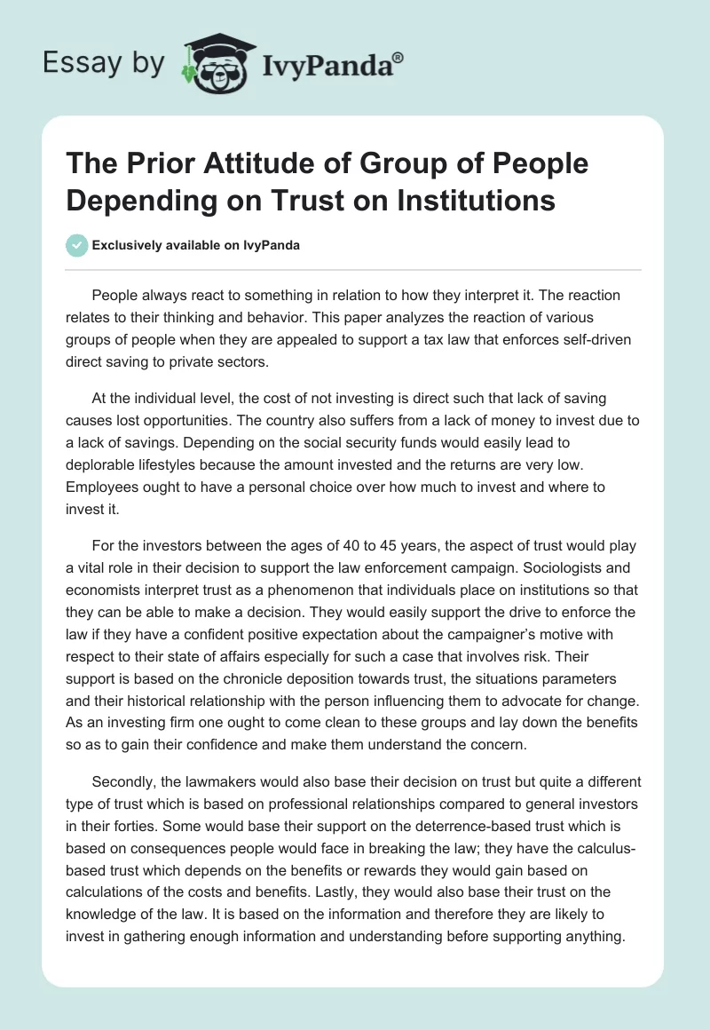 The Prior Attitude of Group of People Depending on Trust on Institutions. Page 1