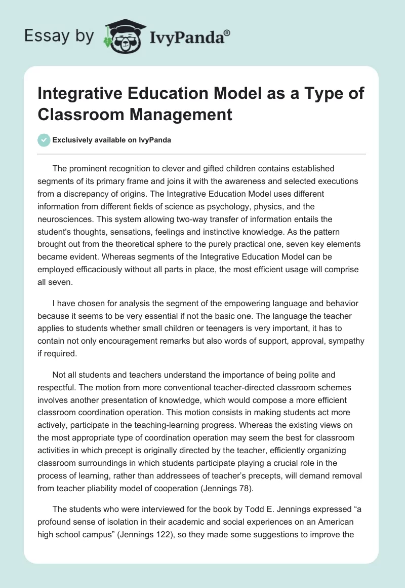 Integrative Education Model as a Type of Classroom Management. Page 1