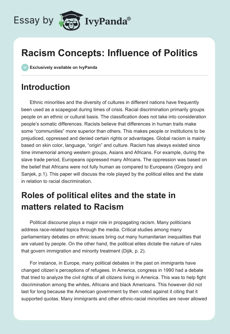 Racism Concepts: Influence of Politics. Page 1