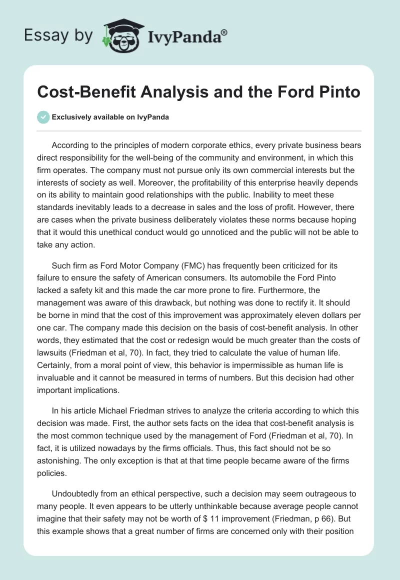Cost-Benefit Analysis and the Ford Pinto. Page 1