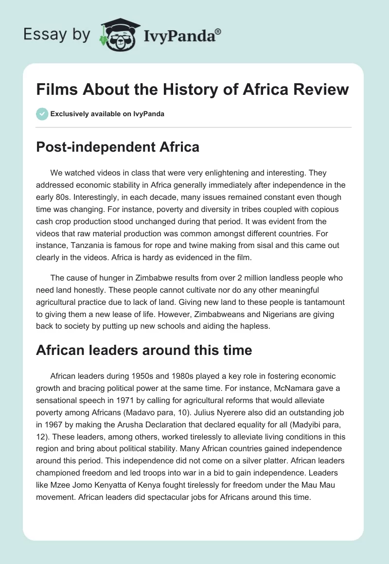 Films About the History of Africa Review. Page 1