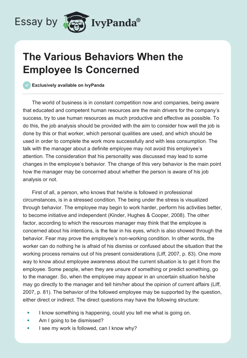 The Various Behaviors When the Employee Is Concerned. Page 1