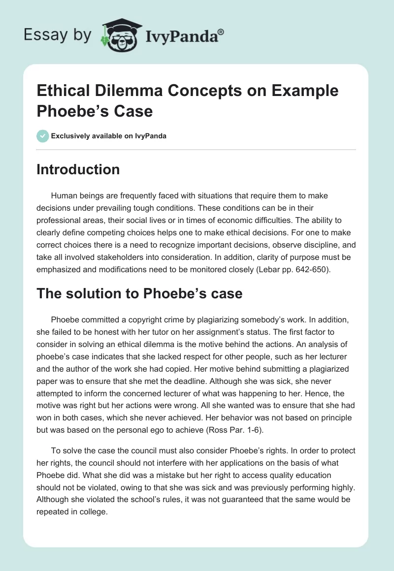 Ethical Dilemma Concepts on Example Phoebe’s Case. Page 1